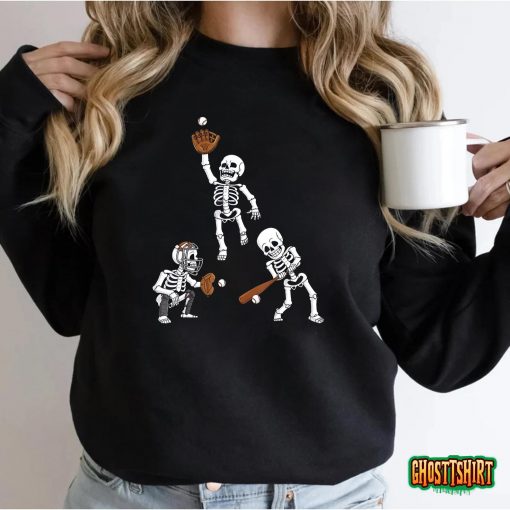 Baseball Halloween Skeletons Hitter Catcher Boys Kids Teen T-Shirt