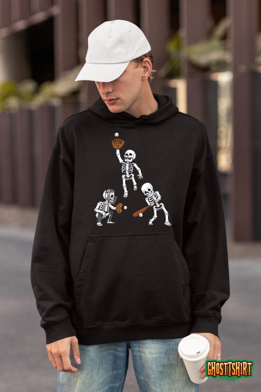 Baseball Halloween Skeletons Hitter Catcher Boys Kids Teen T-Shirt
