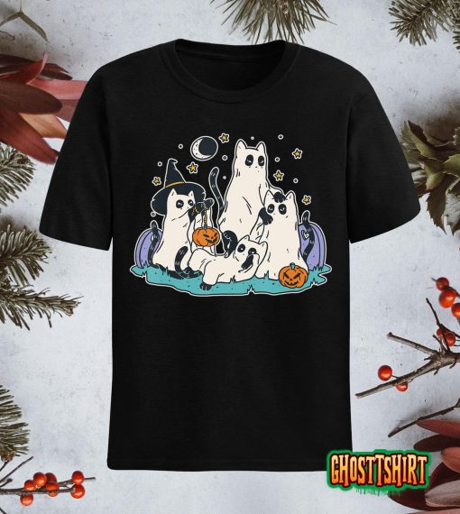 Black Cats in Ghost Costume – Cute Women and Men Halloween T-Shirt