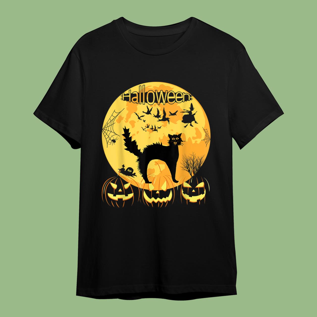 Black Scary Cat with Lighted Eyes Halloween T-Shirt