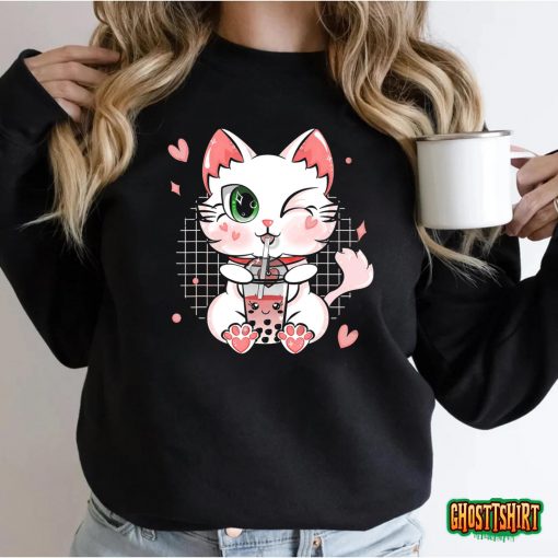 Boba Tea Cat Bubble Tea Cat Kawaii Anime Neko Girls Teens T-Shirt