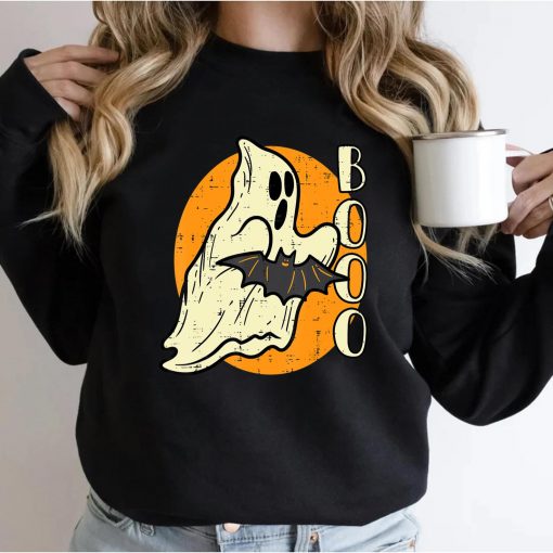 Boo Ghost Bat Retro Vintage Groovy Halloween Men Women Kids T-Shirt
