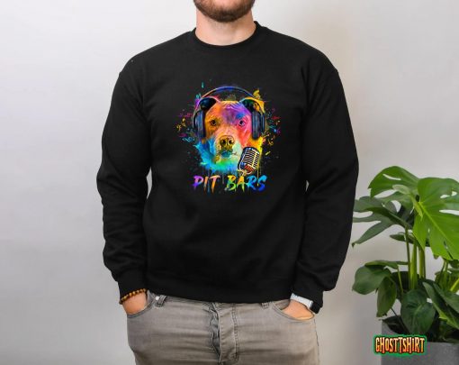 Cool Pitbull Rapper With Pit Bars Headphones and Retro Mic T-Shirt