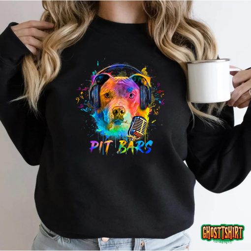 Cool Pitbull Rapper With Pit Bars Headphones and Retro Mic T-Shirt