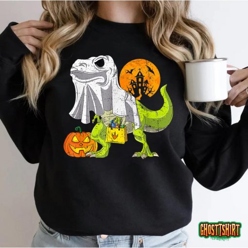 Dinosaur T Rex Skeleton Pumpkin With Moon Halloween Costume T-Shirt