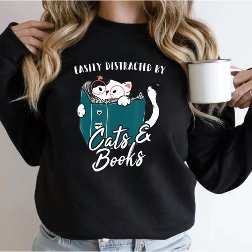 Easily Distracted By Cats And Books Funny Cat Lover Gift T-Shirt