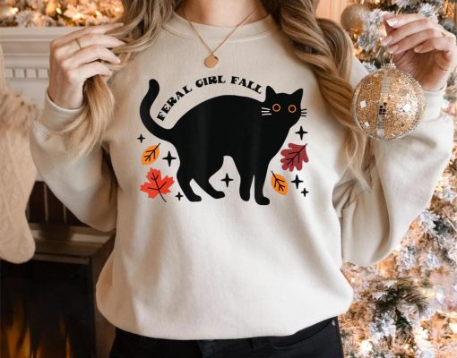 Feral Girl Fall Black Cat T-Shirt