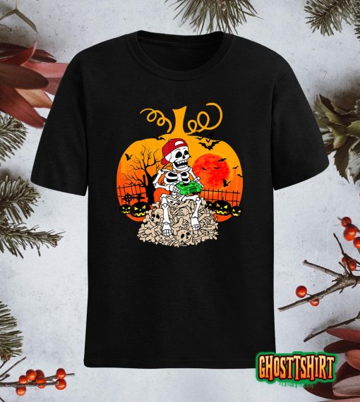 Gamer Pumpkin Skeleton Funny Halloween Gaming Boys Men Kids T-Shirt