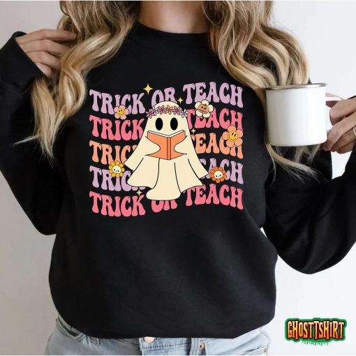 Groovy Halloween Trick Or Teach Boo Ghost Pre-K Teacher Life T-Shirt