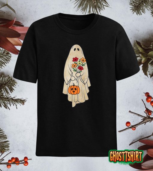 Halloween Costume Vintage Floral Ghost Pumpkin Funny Graphic T-Shirt
