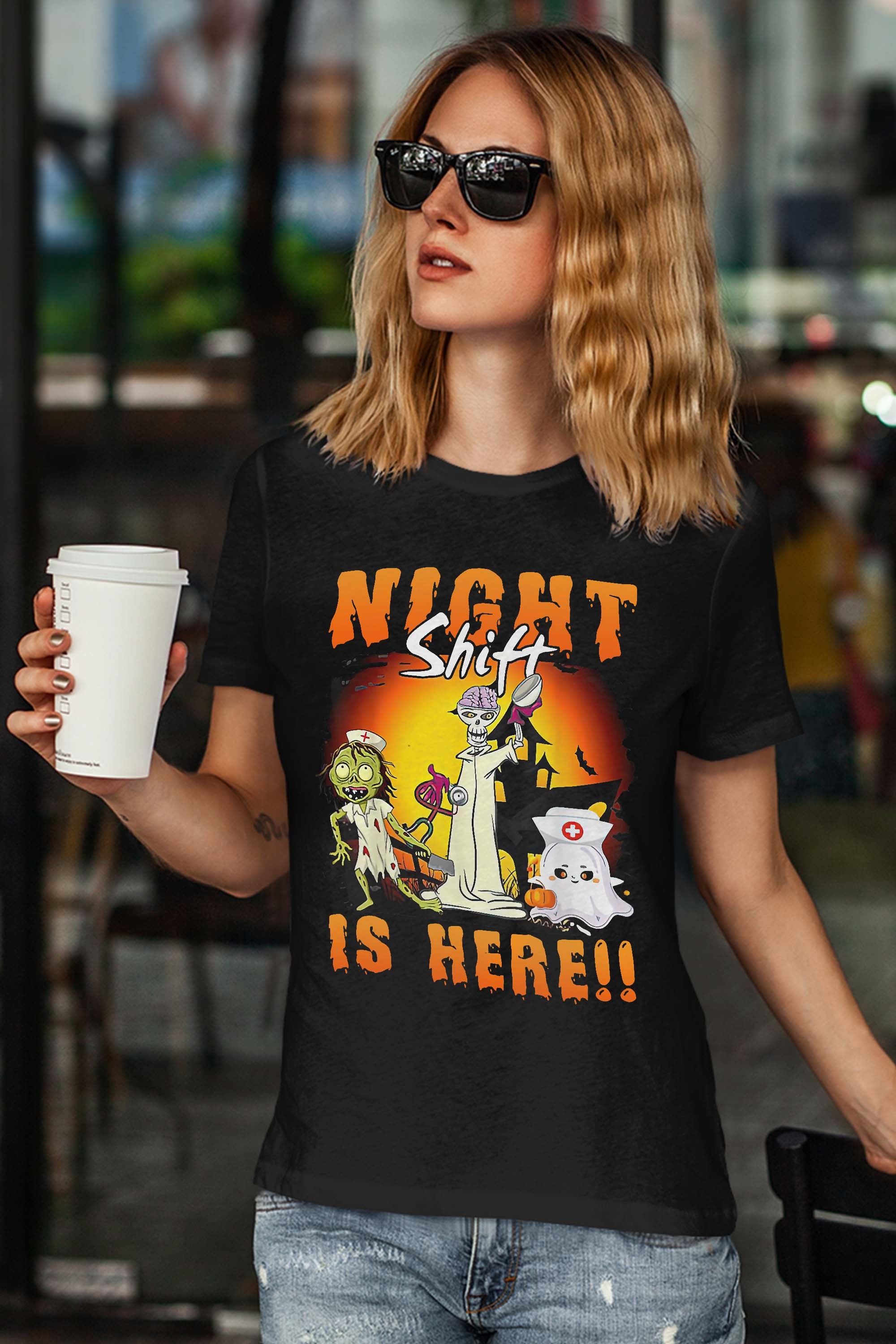Halloween Night Shift Is Here Nurse Ghost Skeleton Zombie T-Shirt
