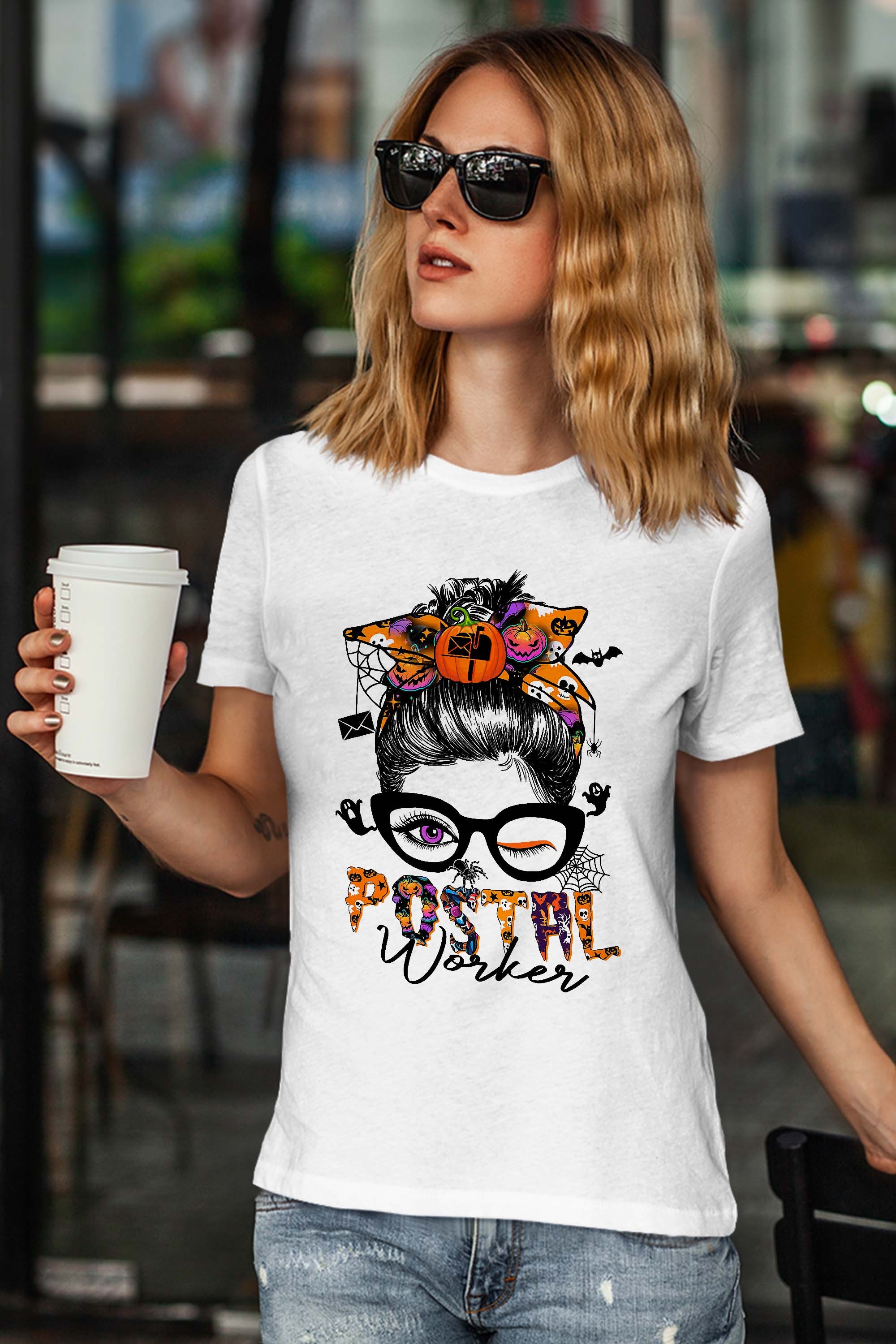 Halloween Postal Worker Messy Bun Hair Pumpkin Girl T-Shirt