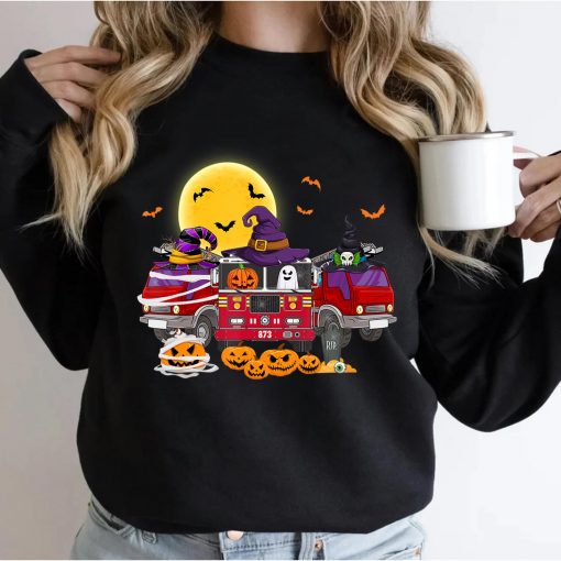 Happy Halloween Firefighter Fireman Pumpkin Fire Truck Kids T-Shirt