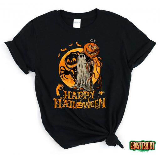 Happy Halloween Pumpkin Ghost Autumn Leaves Graphic Art T-Shirt