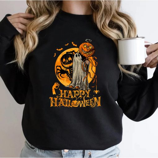 Happy Halloween Pumpkin Ghost Autumn Leaves Graphic Art T-Shirt