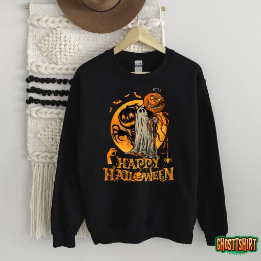 Happy Halloween Pumpkin Ghost Autumn Leaves Graphic Art T-Shirt