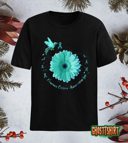 Hummingbird Sunflower Teal Ribbon Ovarian Cancer Awareness T-Shirt