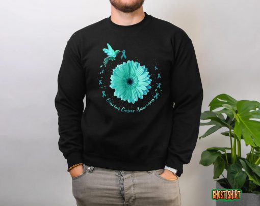 Hummingbird Sunflower Teal Ribbon Ovarian Cancer Awareness T-Shirt