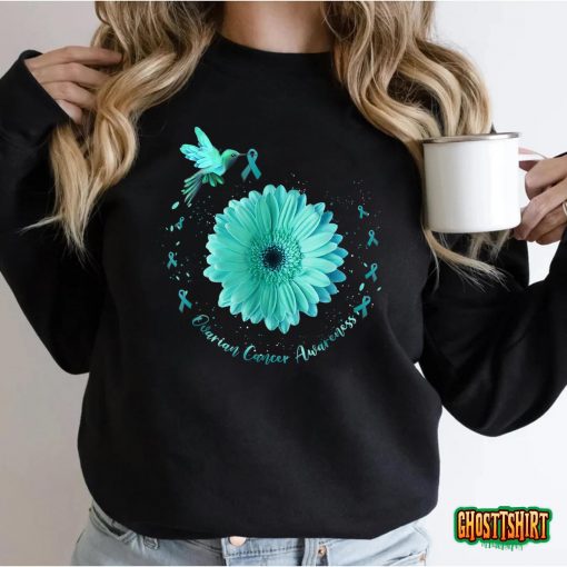 Hummingbird Sunflower Teal Ribbon Ovarian Cancer Awareness T-Shirt