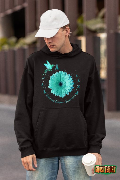 Hummingbird Sunflower Teal Ribbon Ovarian Cancer Awareness T-Shirt