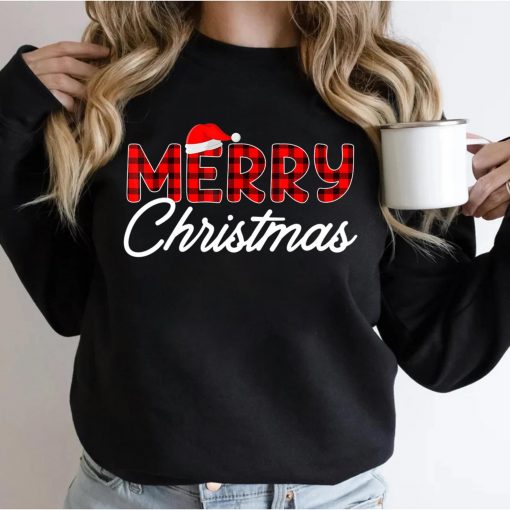 Merry Christmas Buffalo Plaid Red Santa Hat Xmas Pajamas T-Shirt