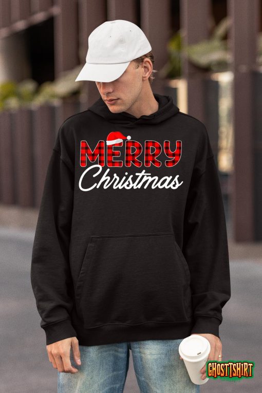 Merry Christmas Buffalo Plaid Red Santa Hat Xmas Pajamas T-Shirt