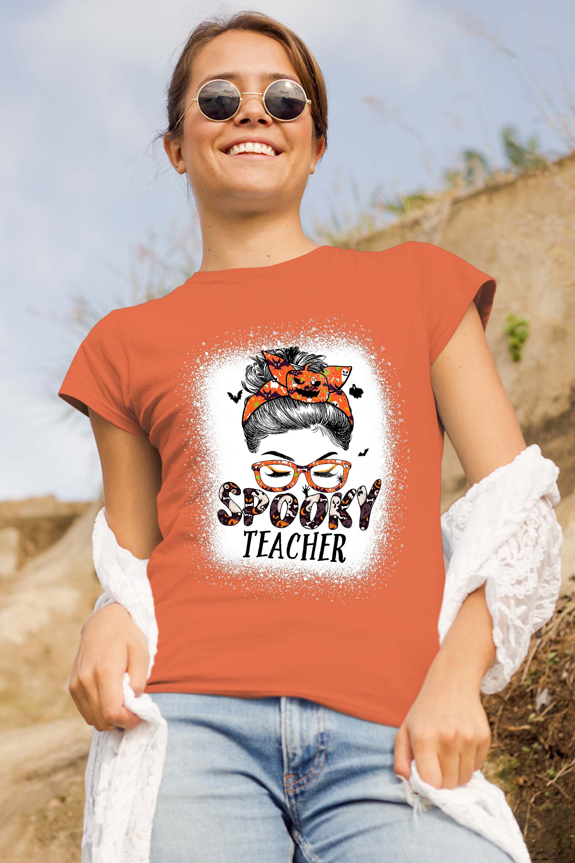 Messy Bun Spooky Teacher Bleached Halloween Pumpkin T-Shirt
