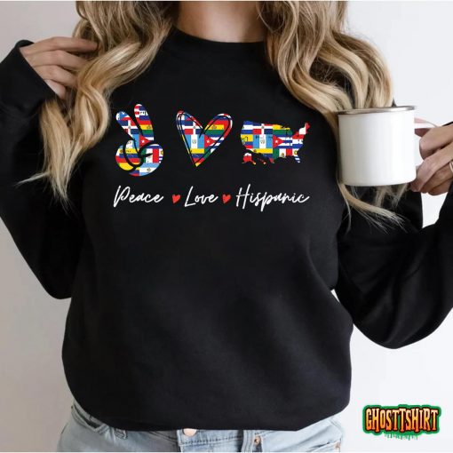 Peace Love Hispanic Heritage Countries Flags Men Women Kids T-Shirt