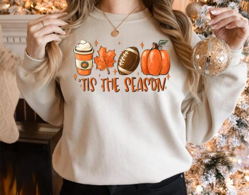 Pumpkin Spice Football Tis The Season Fall Thanksgiving Gift T-Shirt