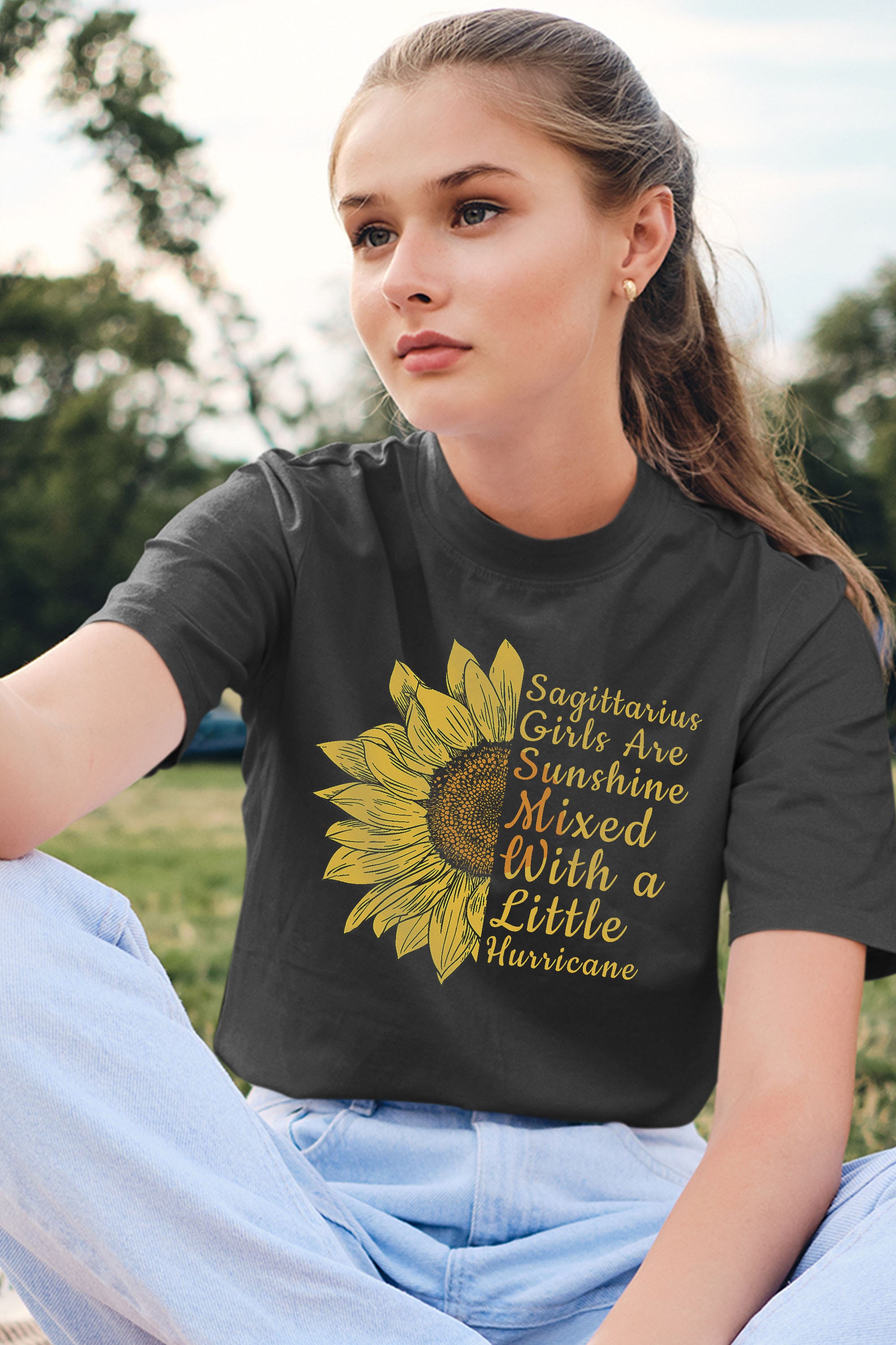 Sagittarius Girl Sunshine Hurricane Birthday In December Sunflower Funny Women Gift T-Shirt