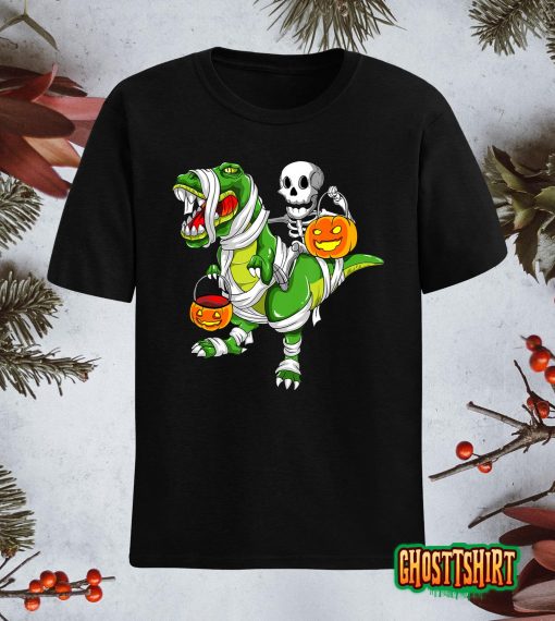 Skeleton Riding Mummy Dinosaur T rex Halloween Funny Pumpkin T-Shirt