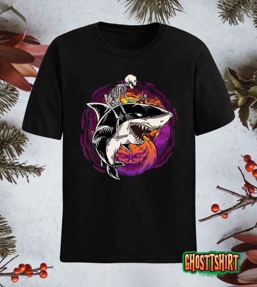 Skeleton Riding Shark Lazy Halloween Costume Funny Animal T-Shirt