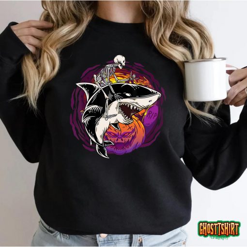 Skeleton Riding Shark Lazy Halloween Costume Funny Animal T-Shirt
