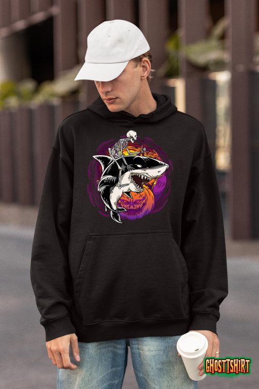 Skeleton Riding Shark Lazy Halloween Costume Funny Animal T-Shirt