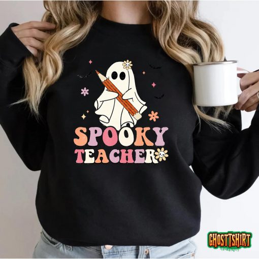 Spooky Teacher Ghost Halloween Groovy Retro Trick Or Treat T-Shirt