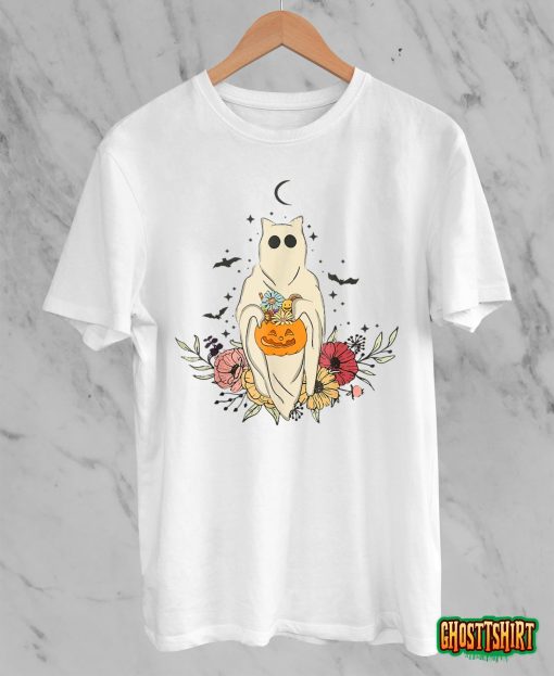 Vintage Floral Ghost Cat Halloween Graphic T-Shirt