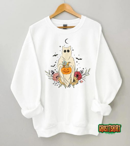 Vintage Floral Ghost Cat Halloween Graphic T-Shirt