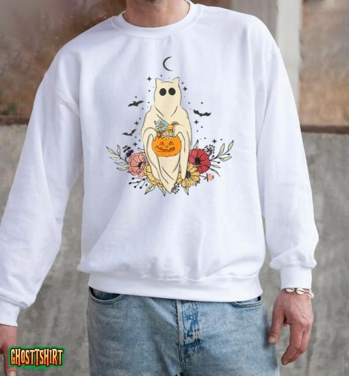 Vintage Floral Ghost Cat Halloween Graphic T-Shirt