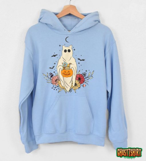 Vintage Floral Ghost Cat Halloween Graphic T-Shirt