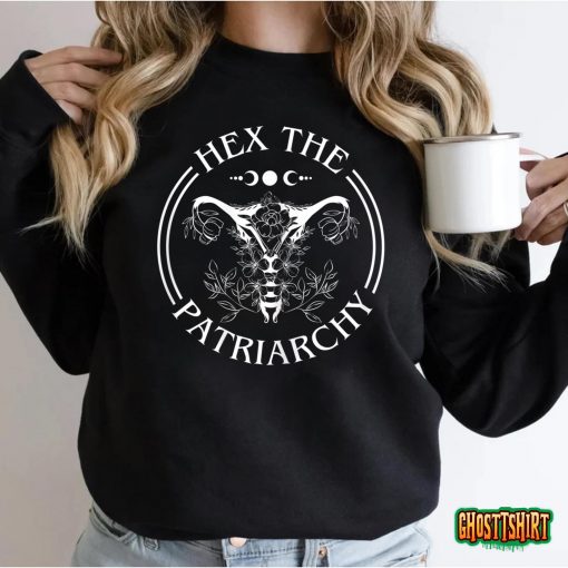 Womens Hex the Patriarchy Floral Moon Feminist Witch Symbols Design T-Shirt