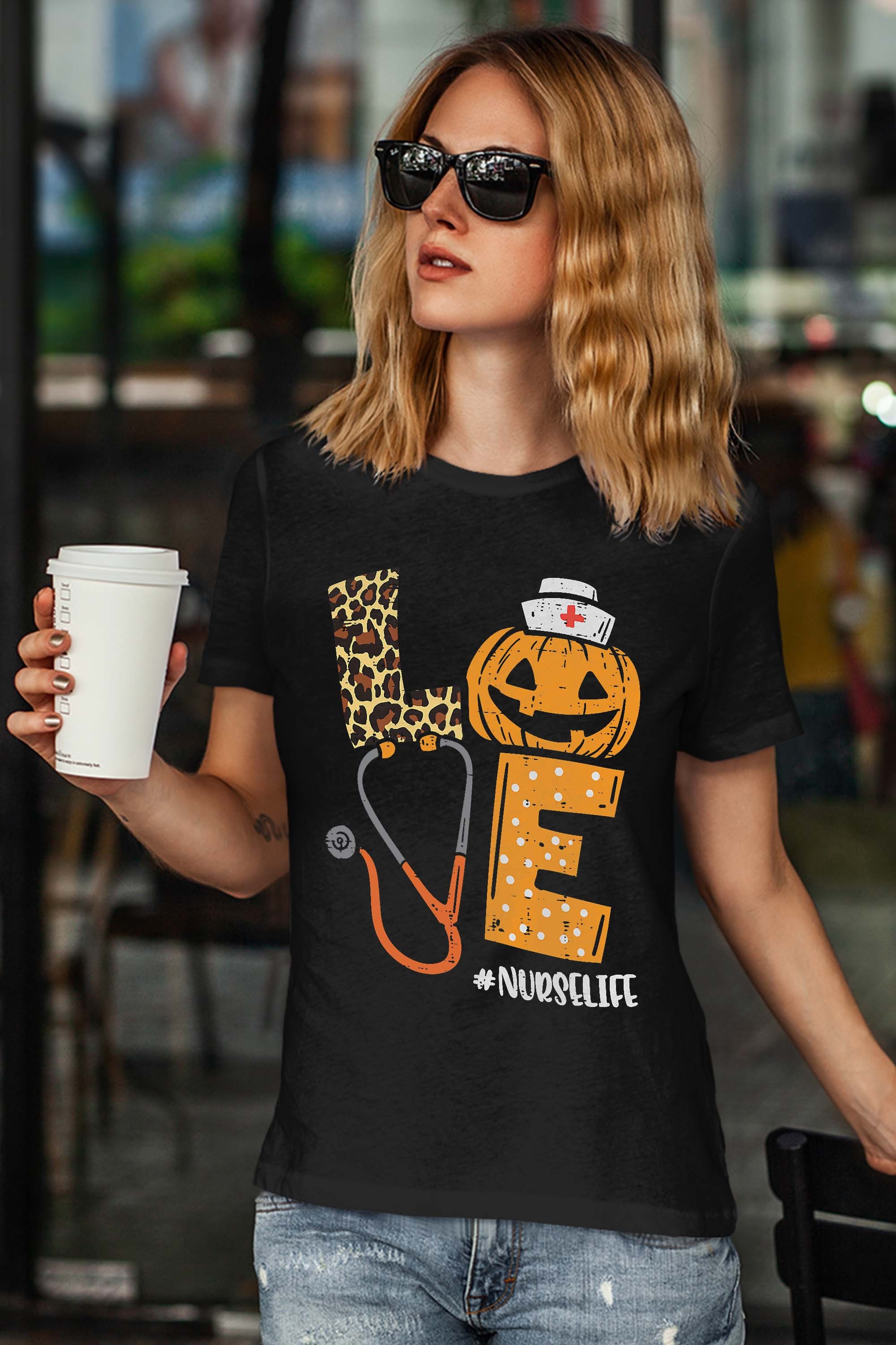 Womens Love Nurse Pumpkin Leopard Fall Halloween Thanksgiving Women T-Shirt