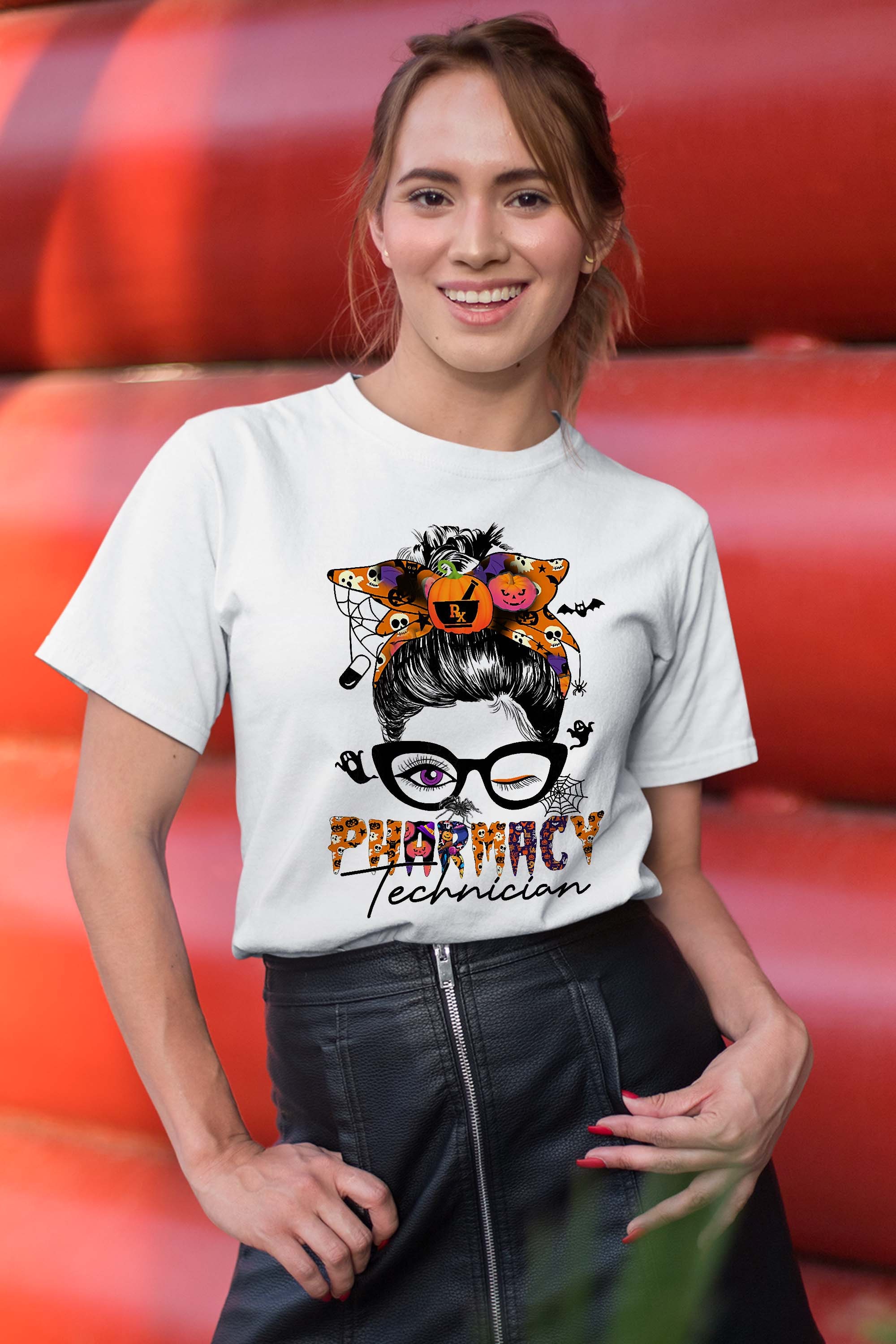 Womens Messy Bun Pharmacy Technician Funny Pharmacist Halloween Gift T-Shirt