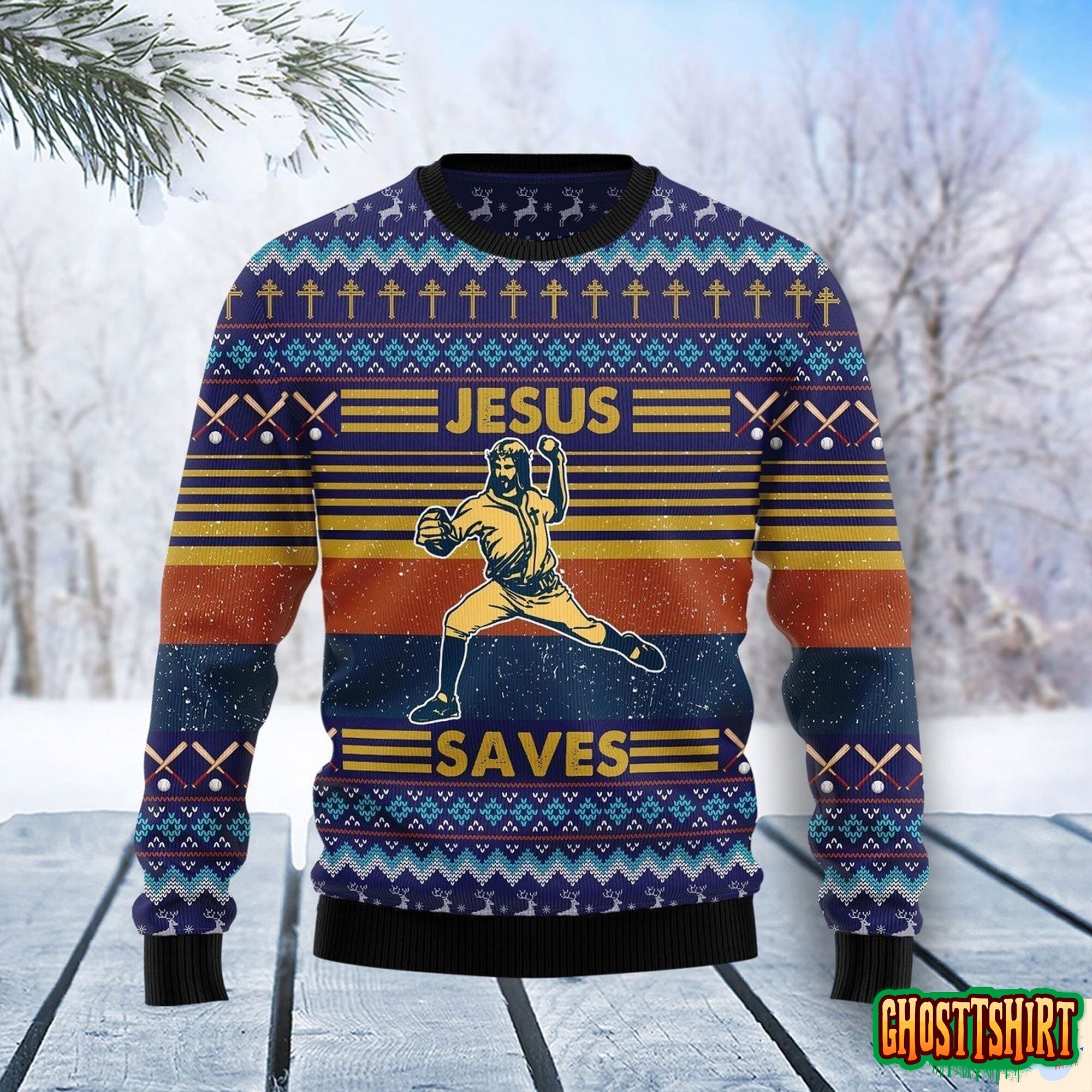 Baseball Jesus Save Ugly Christmas Sweater