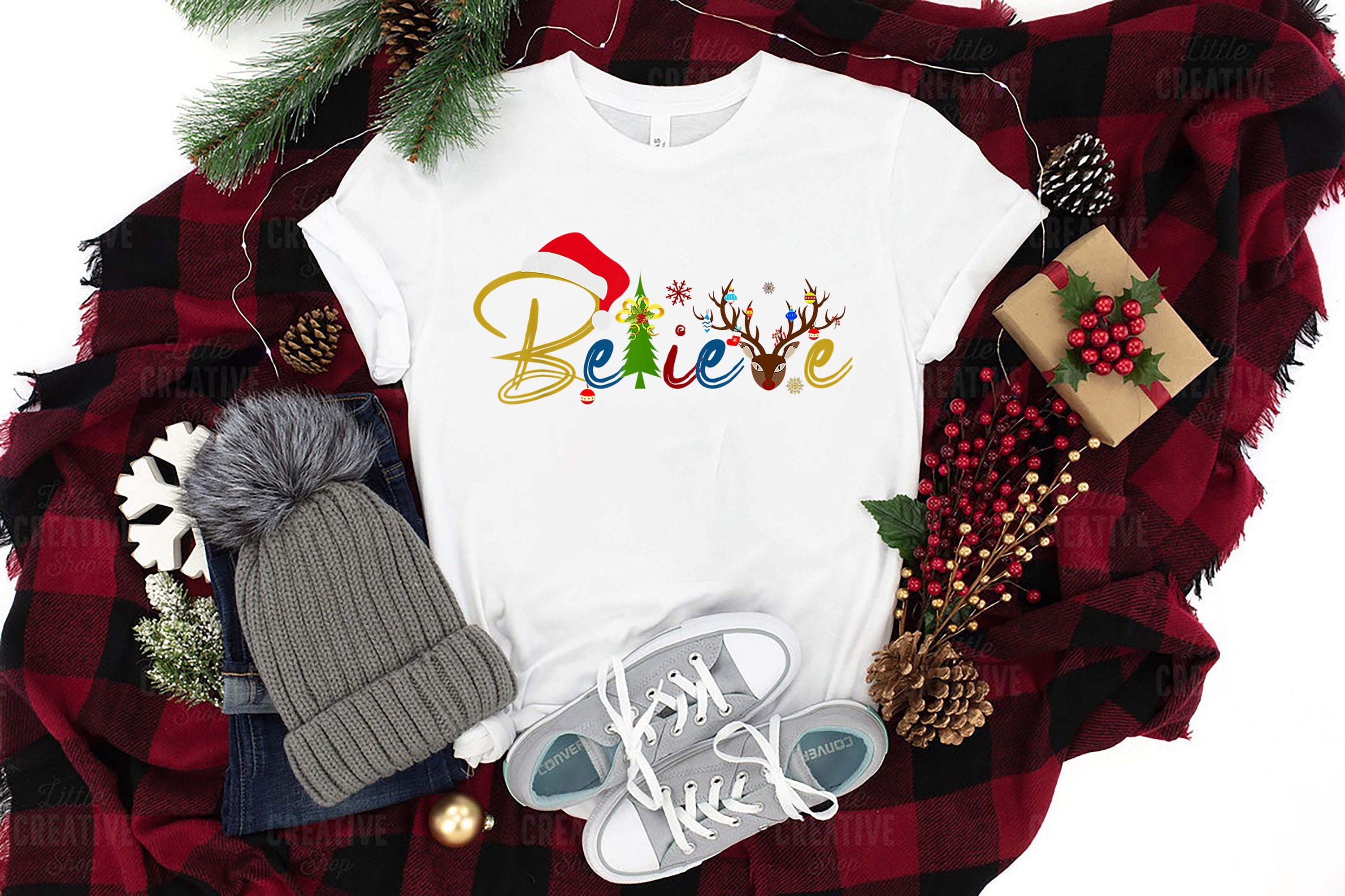 Believe Christmas Tree Cute Santa Hat T-Shirt