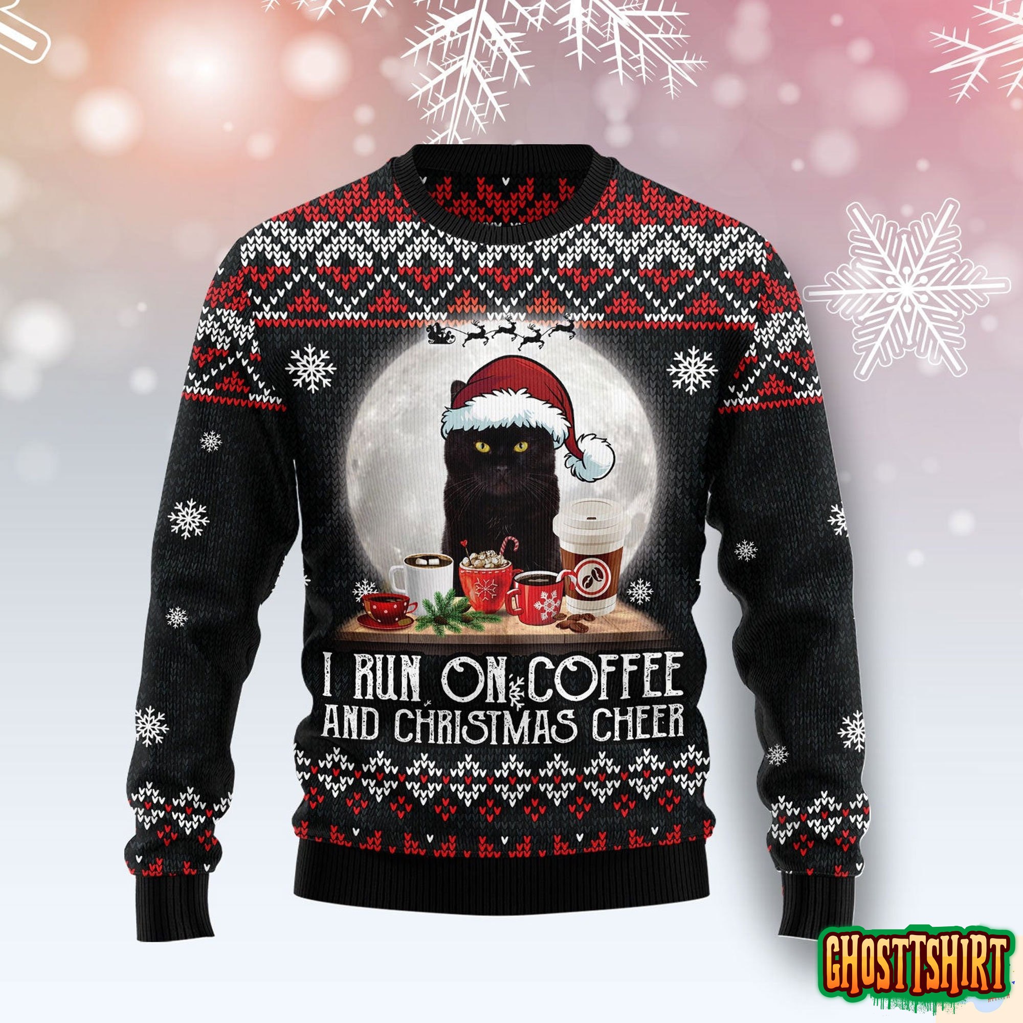 Black Cat Run On Coffee Ugly Christmas Sweater