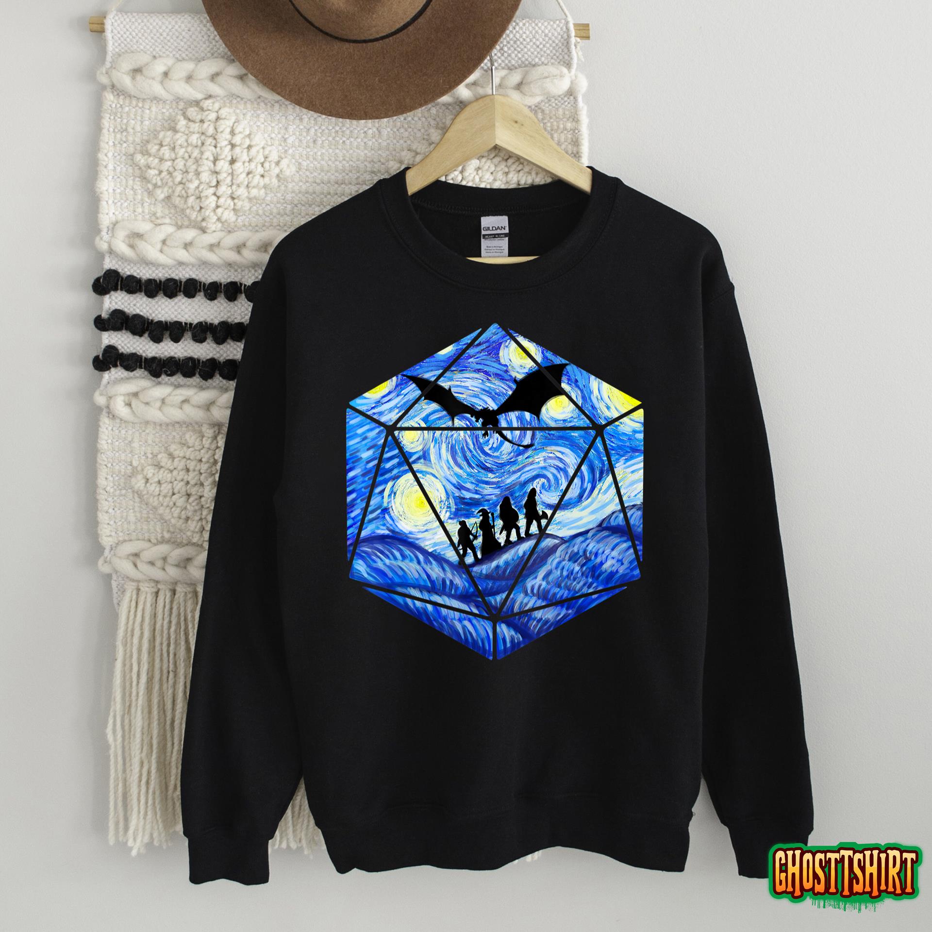 D20 Dragon Tshirt, Starry Night D20 Tee, D20 Dice Art T-Shirt