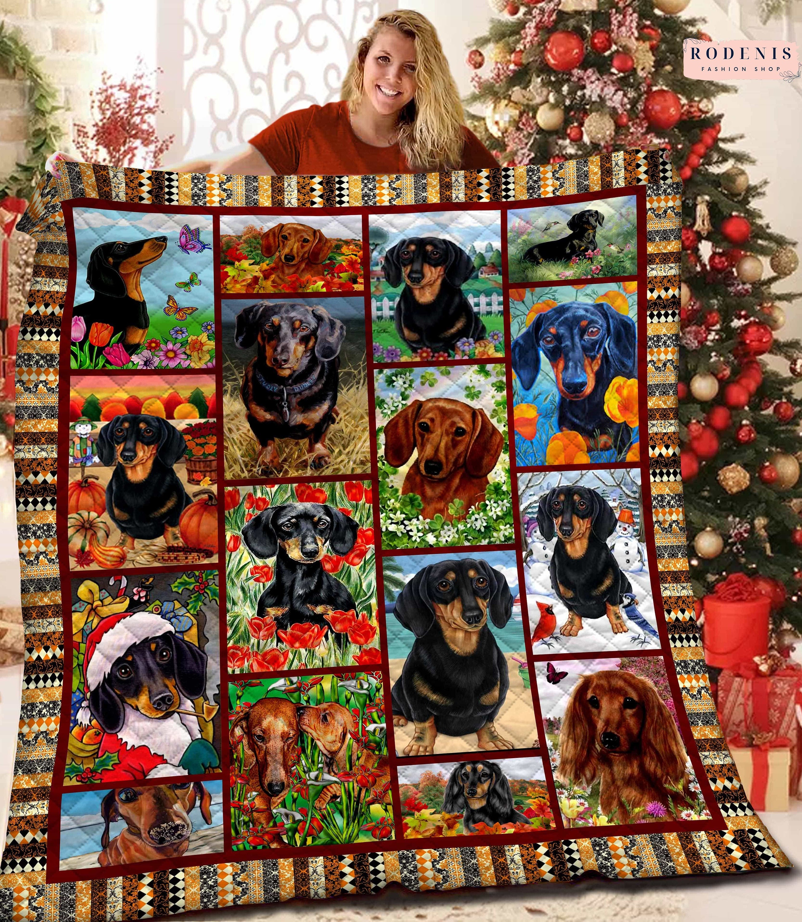Dachshund Dog Christmas Pet Animal Lovers Family Gift Quilt Blanket