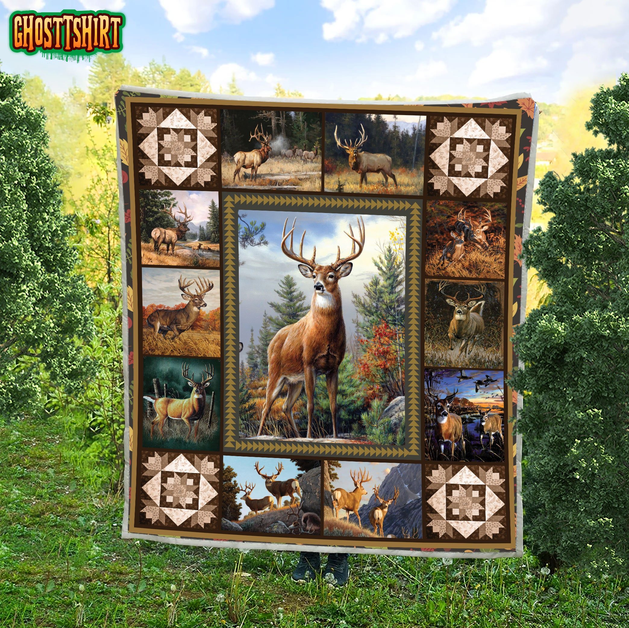 Deer Hunting In Forest Quilt Blanket Great Customized Gift