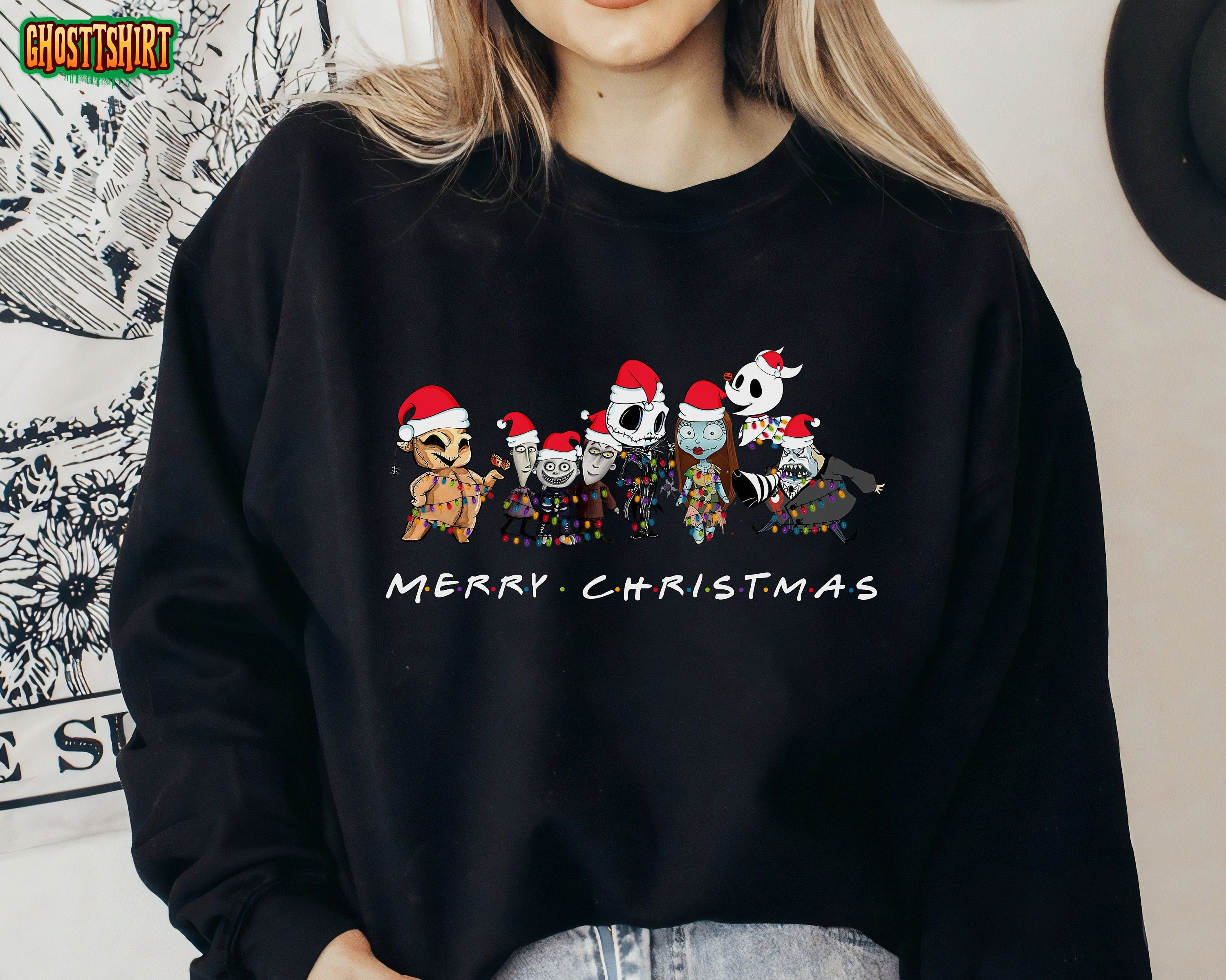 Disney The Nightmare Before Christmas Jack Skellington Friends Christmas Light Santa Hat Sweatshirt