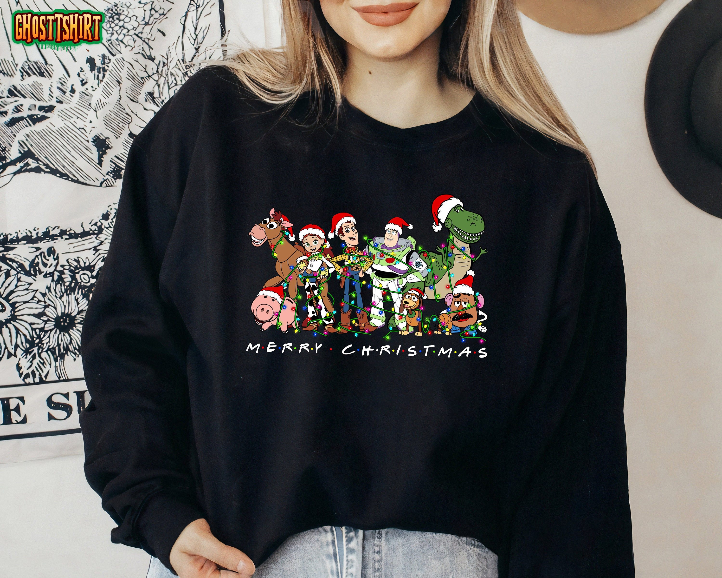 Disney Toy Story Group Santa Merry Christmas Xmas Lights Sweatshirt